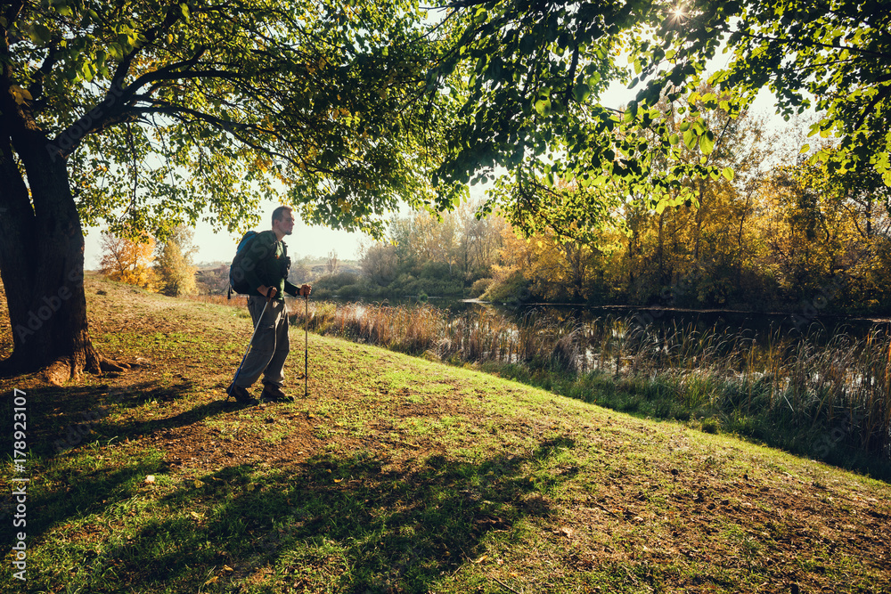 Man is hiking in nature on sunny day.