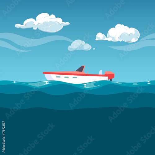 Sea illustration. Red boat rocking on the waves