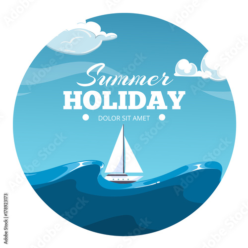 Summer holiday postcard design. Sea illustration with boat