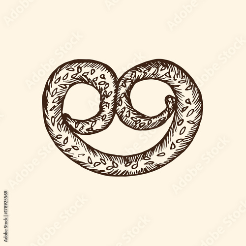 Pretzel,  hand drawn doodle, sketch in pop art style, vector black and white illustration