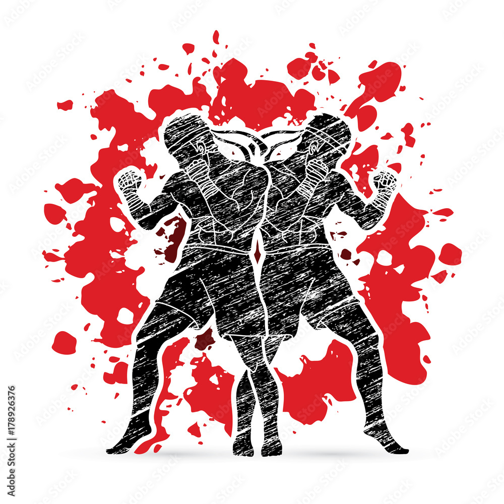 Muay Thai, Thai boxing standing ready to fight action designed on splash blood graphic vector