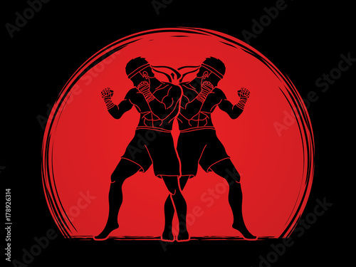 Muay Thai, Thai boxing standing ready to fight action designed on sunlight graphic vector