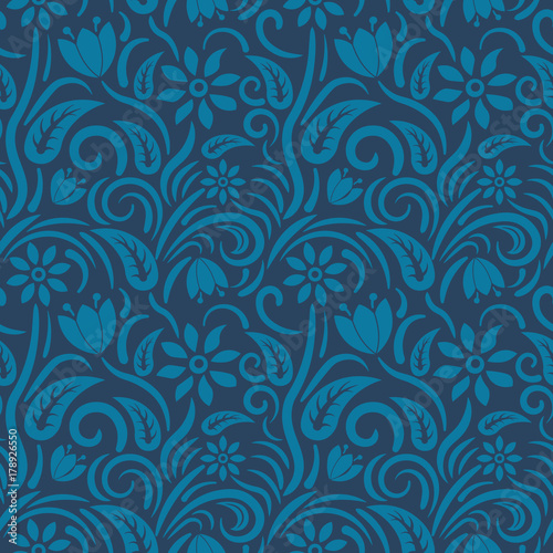 Seamless blue floral  pattern,  vector. Endless texture can be used for wallpaper, pattern fills, web page  background,  surface textures and fabrics.