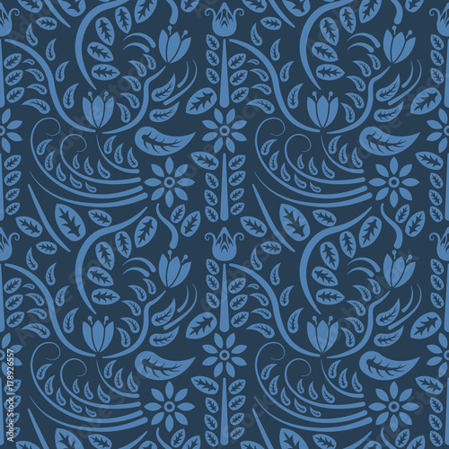 Seamless blue floral  pattern,  vector. Endless texture can be used for wallpaper, pattern fills, web page  background,  surface textures and fabrics. photo