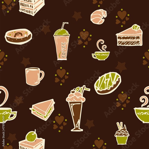 coffee and cake in bakery shop concept design for seamless pattern with brown and green color tone background 