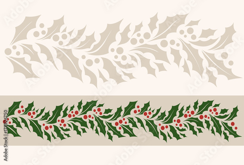 Horizontal border seamless pattern with Christmas holly. Vector illustration.