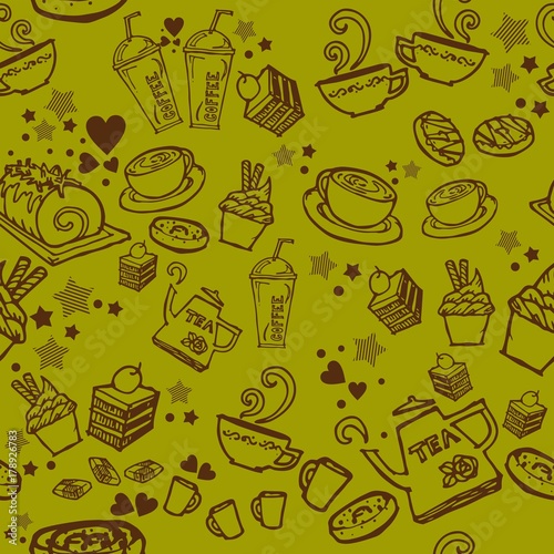 various coffee,cake,cupcake, cookie , appetizer and beverage seamless pattern sketch drawing line by brown ink vector with matcha green tea color tone  background