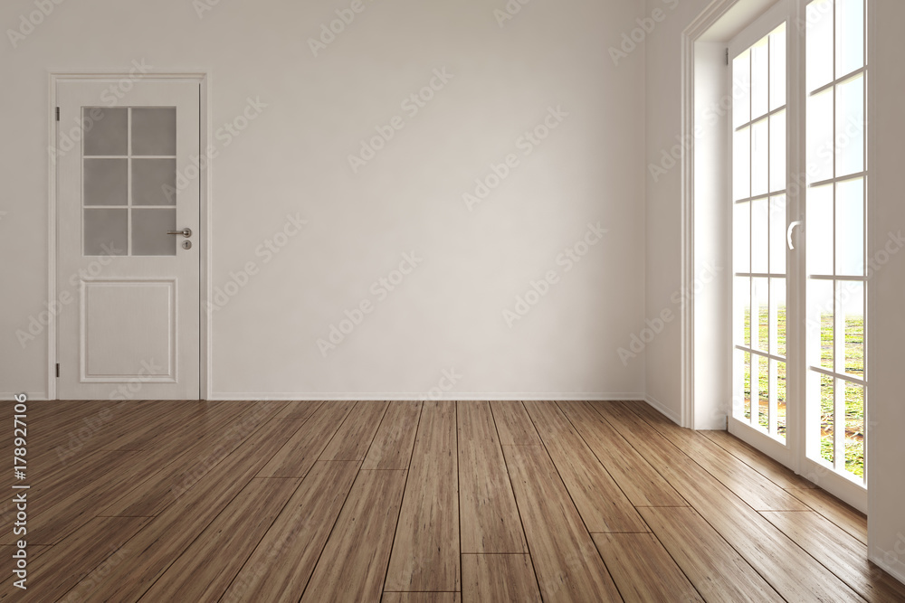 Leeres Zimmer mit 2 Fensterntüren und heller Wand