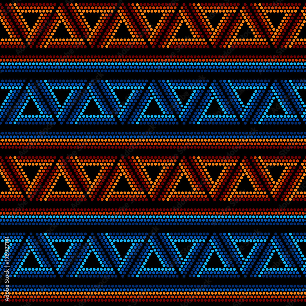 Colorful dot art triangles geometric ethnic seamless pattern on black, vector Colorful dot art triangles geometric ethnic seamless pattern on black, vector