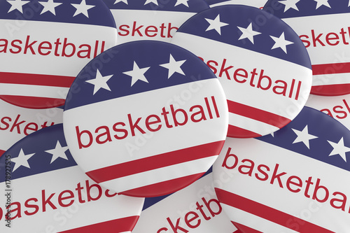 USA Sports Badges: Pile of Basketball Buttons With US Flag, 3d illustration