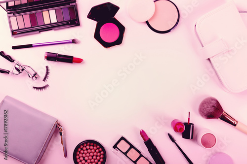 makeup cosmetics set. top view with copy space
