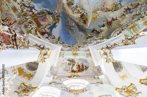 The Pilgrimage Church of Wies (Wieskirche), an oval rococo church located in the foothills of the Alps, Bavaria, Germany. A World Heritage Site since 1983