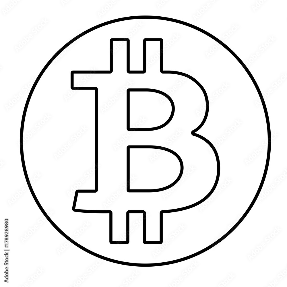 Black outline  bitcoin sign isolated on white background. Vector illustration, cryptocurrency icon, symbol. 