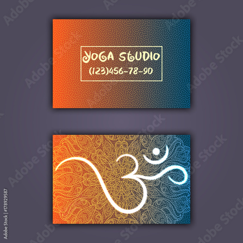 Business card for yoga studio or yoga instructor. Ethnic background with mandala ornament and ohm