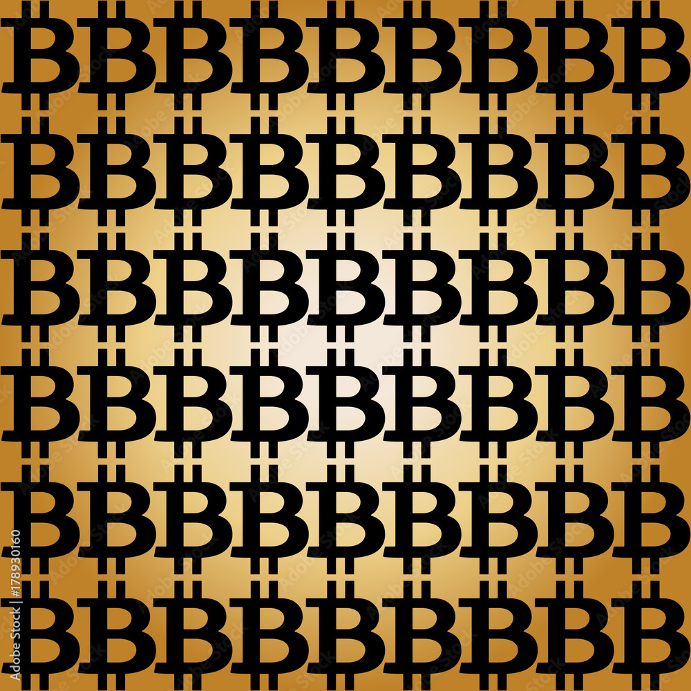 Seamless pattern with black bitcoin signs on golden radial gradient background. Vector illustration. Template. 