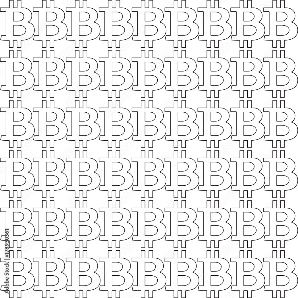 Seamless pattern with black bitcoin outline  signs on white background. Vector illustration. Template. 
