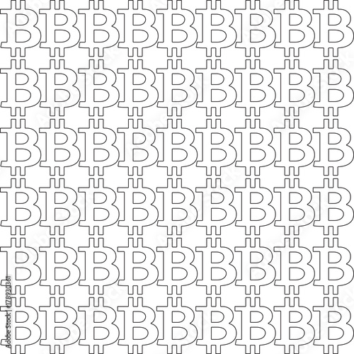 Seamless pattern with black bitcoin outline signs on white background. Vector illustration. Template. 