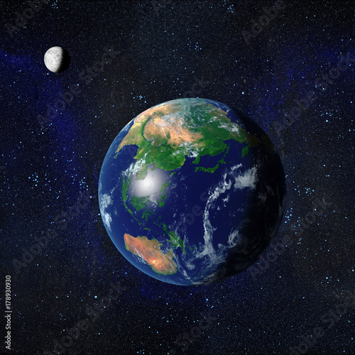 Earth and Moon from space showing Asia and Australasia. 3d Rendered