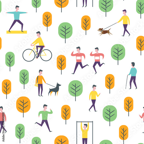 Seamless park activity pattern. Sport, walking and people. Wrapping paper vector template.