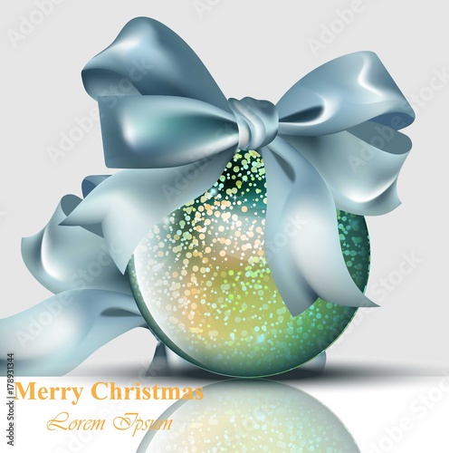 Christmas ball with bow shiny card Vector. Merry Christmas or Happy New Year ...