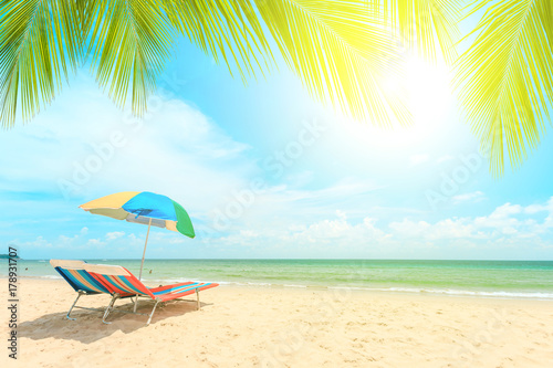 Ka-ron Beach at Phuket   Thailand. White sand beach with beach umbrella. Summer  Travel  Vacation and Holiday concept.