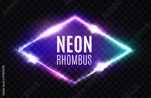 Night Club Neon Rhomb. 3d Retro Light Lozenge Sign With Neon Effect. Techno Rhombus Background. Glowing Brill Frame On Transparent Backdrop. Electric Street Diamond. Vector Illustration in 80s Style.