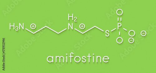 Amifostine cancer drug molecule. Adjuvant drug that protects against cancer chemotherapy side effects. Skeletal formula. photo
