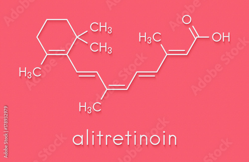 Alitretinoin (9-cis-retinoic acid) cancer and eczema drug molecule. Analog of vitamin A. Skeletal formula. photo