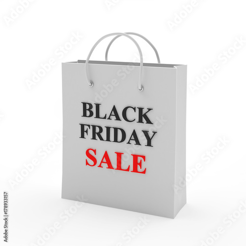 White shopping bag with words Black Friday and Sale isolated on white background. 3D illustration