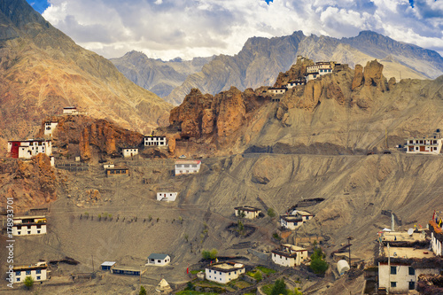 View of mountain village Dhankar and ancient buddhist monastery "Dhankar Gompa". Spiti, Himachal, India
