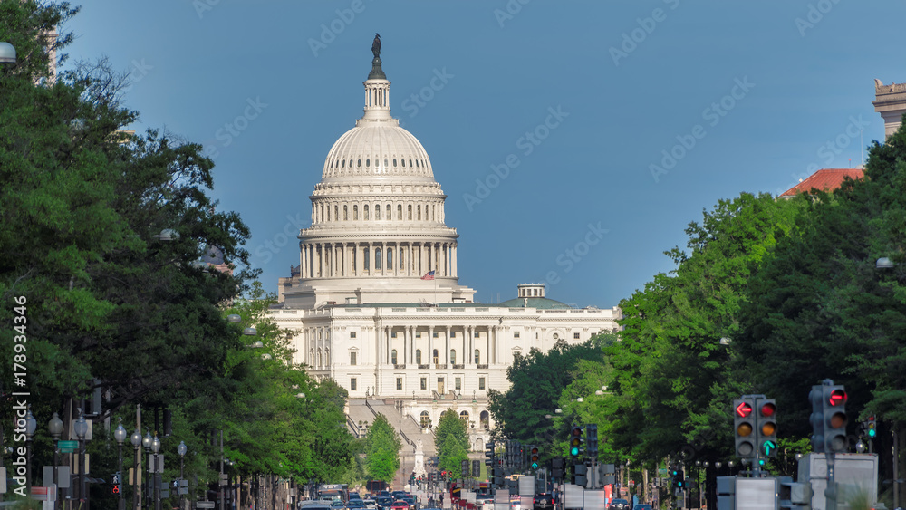 The United States Capitol building as seen from Pennsylvania Avenue, Washington DC, USA.