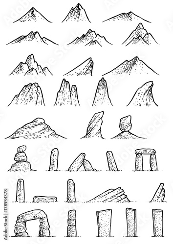 Map elements illustration, drawing, engraving, ink, line art, vector