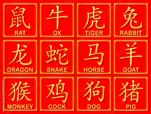 Twelve Golden Chinese word symbol of Zodiac calendar for vector graphic design concept