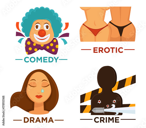 Movie genre icons. Vector flat isolated symbols set for cinema or channel movie genre tag.
