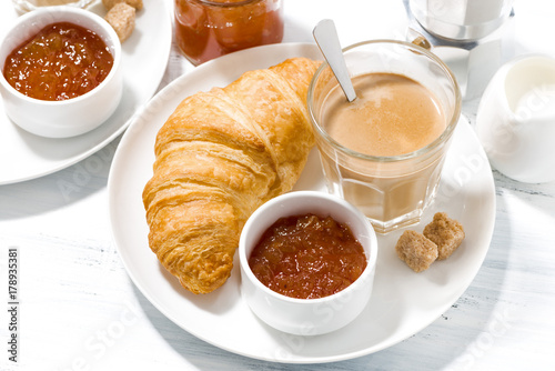 coffee with milk and croissants with jam for breakfast, top view
