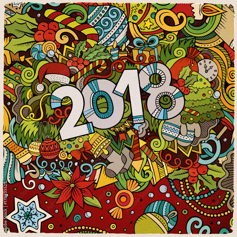 Cartoon cute doodles hand drawn 2018 New Year illustration