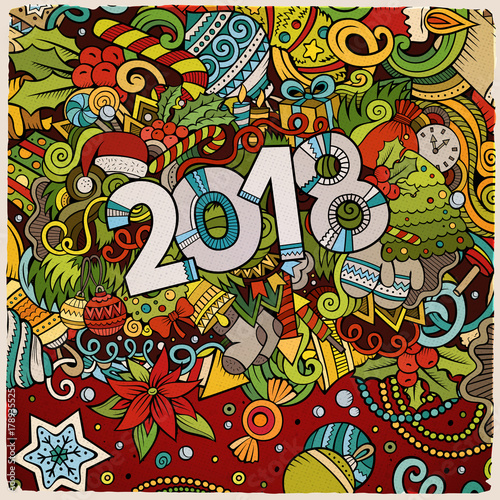 Cartoon cute doodles hand drawn 2018 New Year illustration