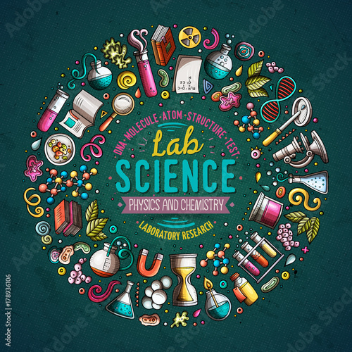 Set of Science cartoon doodle objects, symbols and items