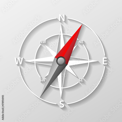 Compass arrow object isolated. 3d Navigation and direction icon with shadow. Direction and navigation compass sign for adventure. Vector illustration