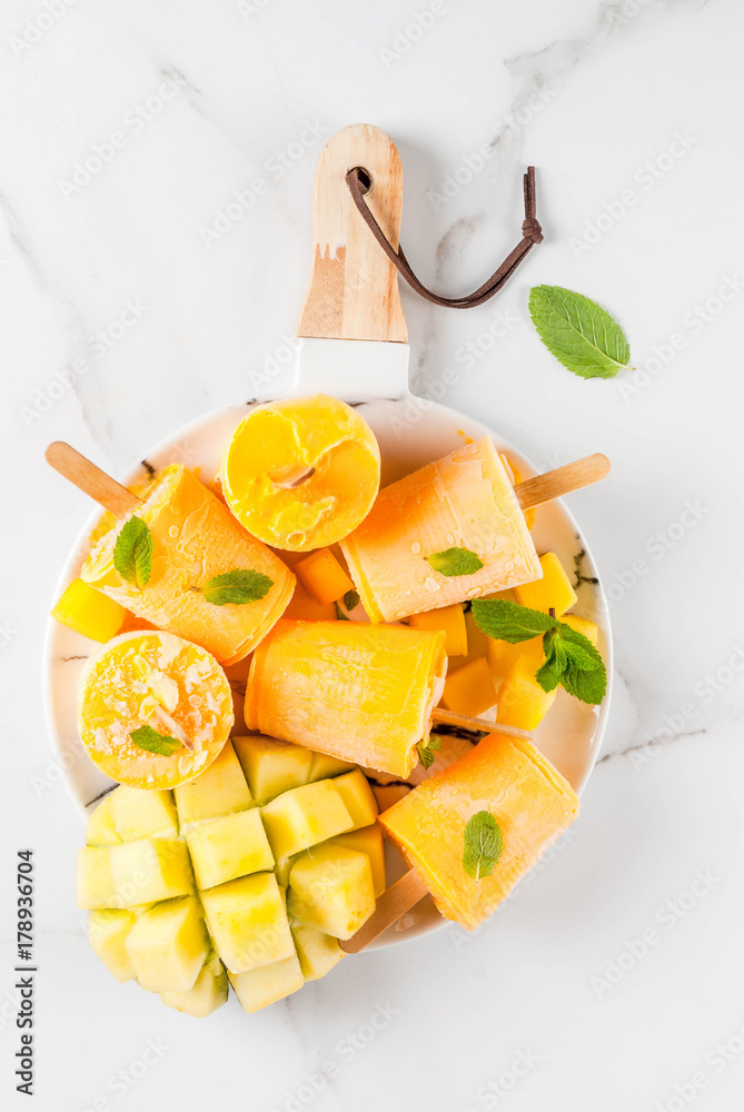 Ice cream, popsicles. Organic dietary foods, desserts. Frozen mango