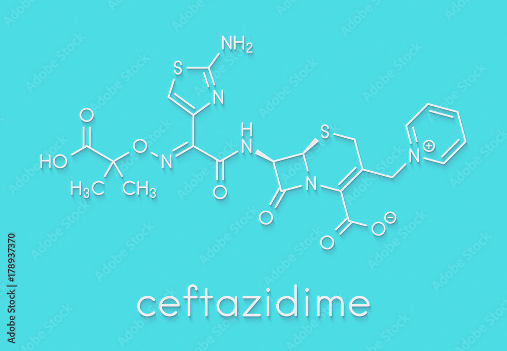 Ceftazidime cephalosporin antibiotic drug molecule. Skeletal formula. Ceftazidime cephalosporin antibiotic drug molecule. Skeletal formula.