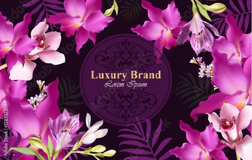 Luxury card with orchid flowers Vector. Beautiful illustration for brand book...
