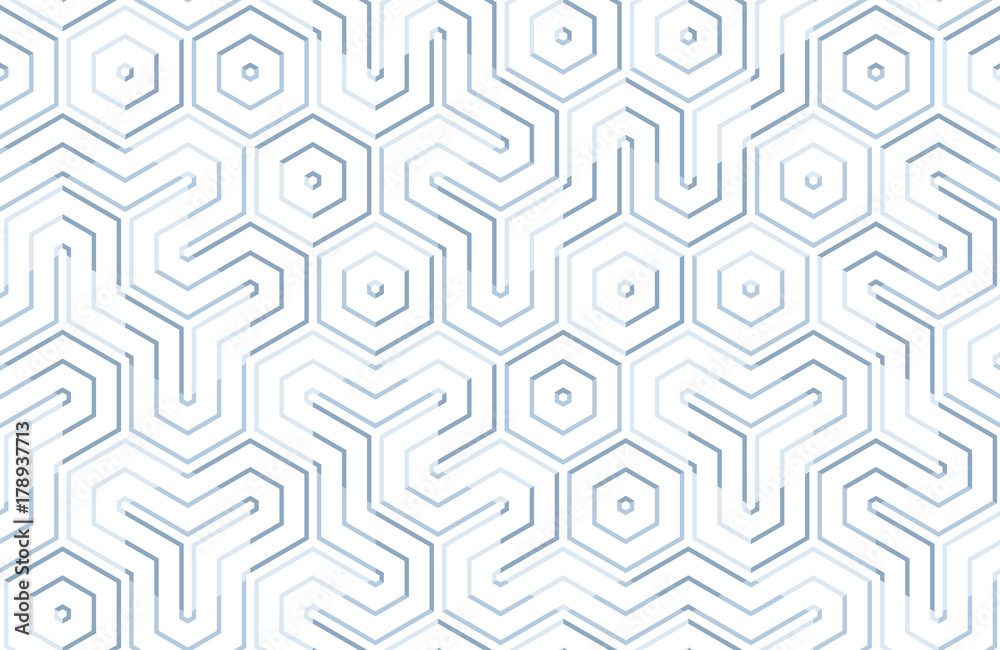 Seamless geometric pattern with hexagons and lines. Irregular structure for fabric print. Monochrome abstract background.
