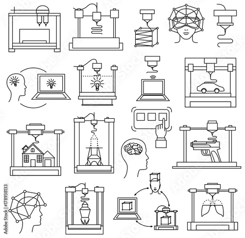 Line icons set of 3D printing, 3D modeling