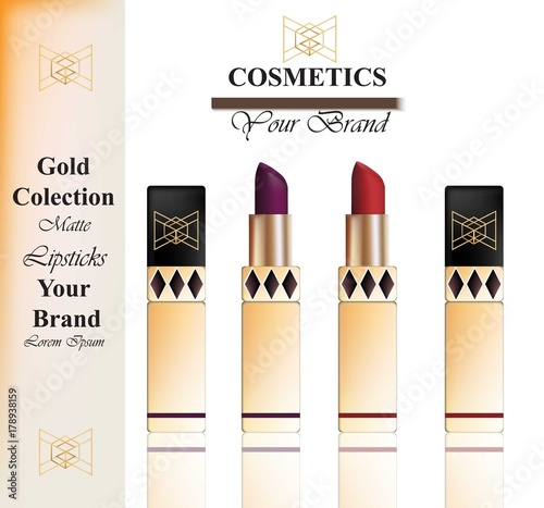 Colorful Realistick lipstick package in gold. Vector detailed cosmetics product set collections