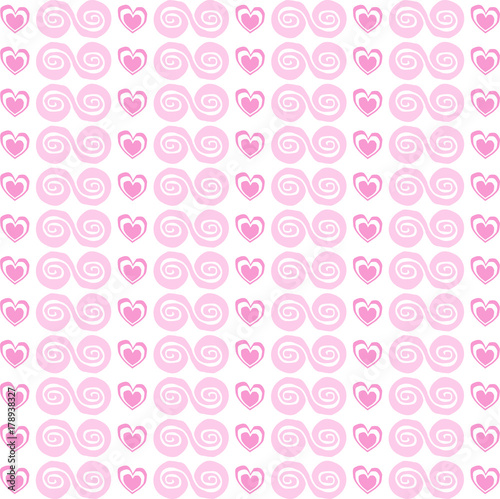 Cute seamless pattern with rose cartoon hearts and spirals on white background. Vector illustration  template.