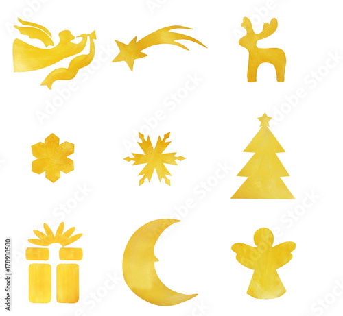  Christmas elements painted with decorative brilliant, golden paint. New year symbol on isolated white background. Golden brush stroke. Christmas gold glitter elements.