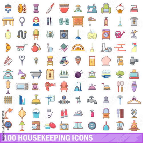 100 housekeeping icons set, cartoon style 