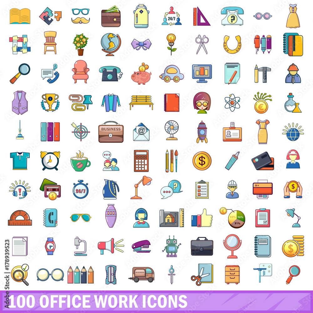 100 office work icons set, cartoon style 100 office work icons set, cartoon style