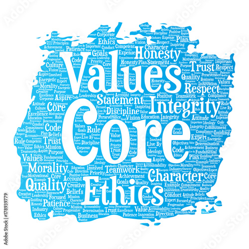 Vector conceptual core values integrity ethics paint brush concept word cloud isolated background. Collage of honesty quality trust, statement, character, perseverance, respect and trustworthy